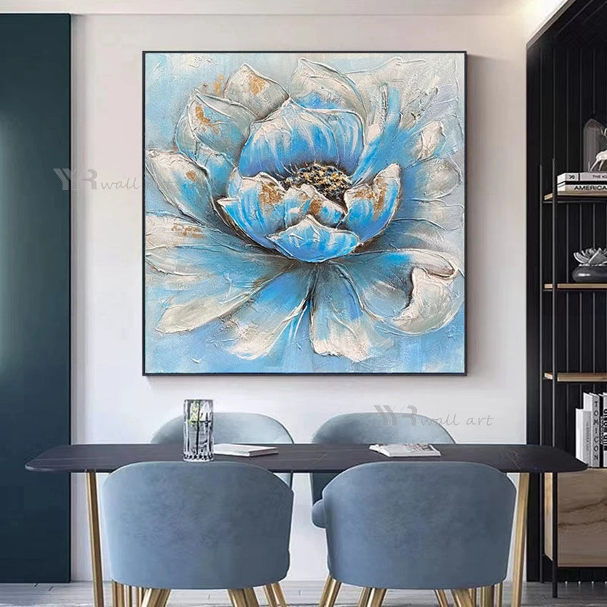 3D Texture Abstract Blue Flower Decoration Poster Handmade Oil Painting Wall Art Picture Living Room Restaurant Bedroom Mural