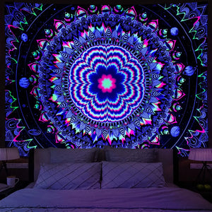 Blacklight Mandala Tapisserie Bohème Hippie Chambre Décor Esthétique UV Réactif Yoga Méditation Tenture Murale Tapisserie pour Chambre