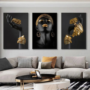3 Stück afrikanische schwarze Frauen mit Goldschmuck, Wandkunst-Poster, perfekte Wohnzimmer-Drucke, Leinwand für Zuhause, Wand-Kunst-Dekor, Bilder