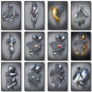 Metal Figure Statue Posters Print Modern Lovers Sculpture Canvas Painting Wall Art Wall Pictures for Room Home Decoration