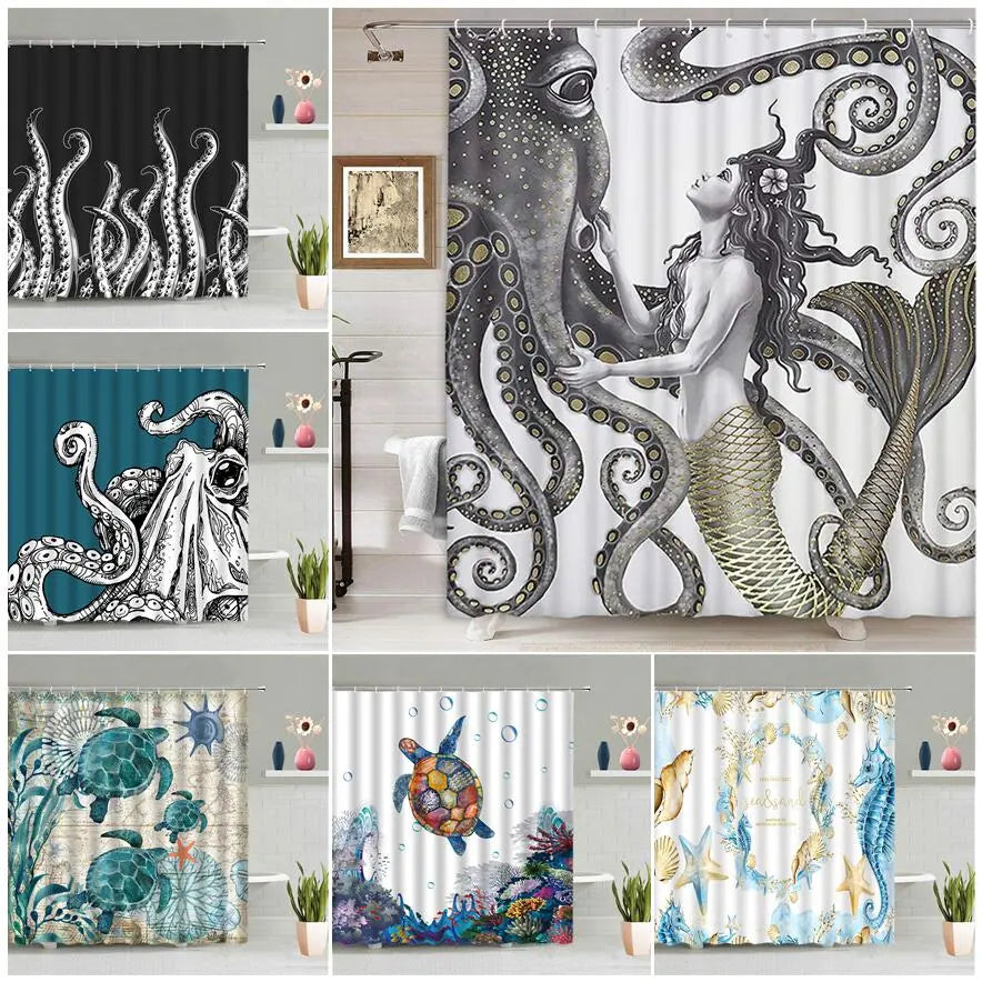 Set di tende da doccia con polpo a sirena, oceano astratto, fantasia nautica, animali, tentacoli, tartarughe marine, tende da bagno, set di decorazioni per il bagno