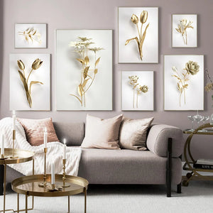 Cuadro de lujo para decoración del hogar, flor dorada abstracta, pintura en lienzo, carteles e impresiones artísticos de pared para diseño de arte de sala de estar nórdico