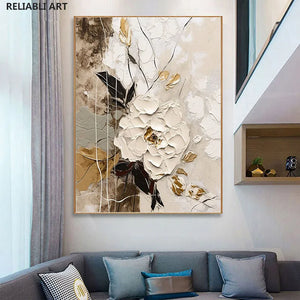 Abstract White Flower Oil Painting On Canvas Print, Wall Art Picture ,Paintings ,Modern Home Living Room Decor Cuadros