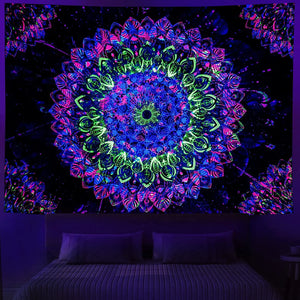 Blacklight Mandala Tapestry Bohemian Hippie Room Decor Estetico UV Reattivo Yoga Meditazione Arazzo da appendere a parete per camera da letto