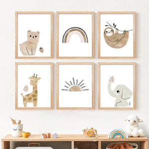 Affiche aquarelle de dessin animé éléphant girafe, peinture sur toile, image murale imprimée, décoration de maison pour chambre d'enfants garçons et filles