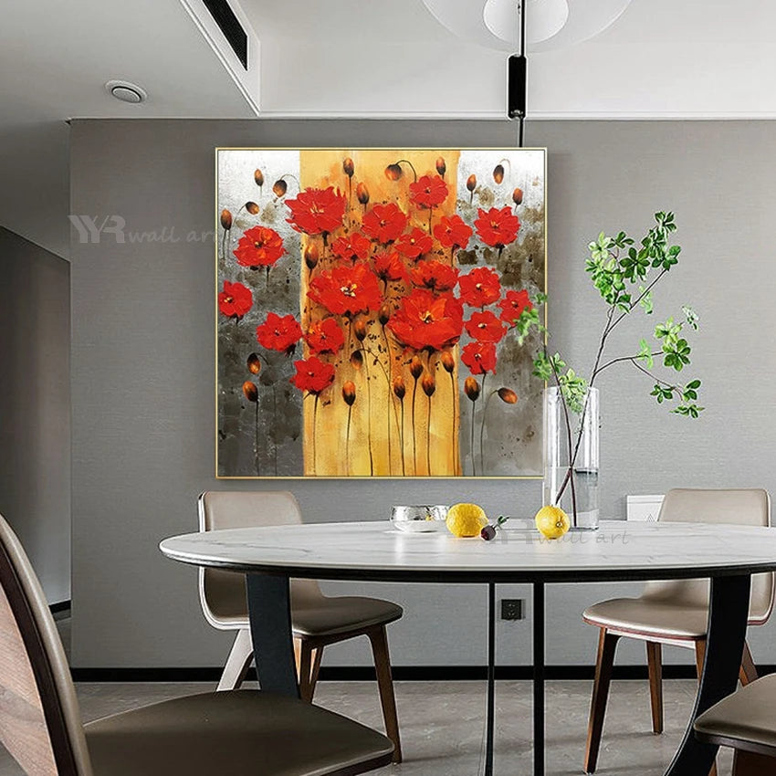 Red Floral Home Decorative Painting Handmade Oil Painting Canvas Wall Art Hanging Picture Modern Abstract Acrylic Texture Mural