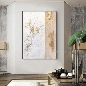 Chinese Decorative Oil Painting Handmade Gold Foil Bamboo Wall Art Canvas Poster for Study Dining Room Porch Bedroom Hotel Mural