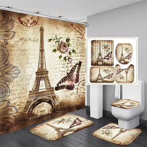 Ensemble de rideaux de douche rose tour Eiffel, 4 pièces, avec tapis antidérapants, tapis de bain en forme de U, couverture d'abattant de toilette, décor de salle de bain saint-valentin