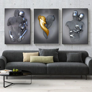 Metal Figure Statue Posters Print Modern Lovers Sculpture Canvas Painting Wall Art Wall Pictures for Room Home Decoration