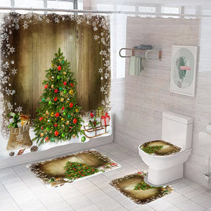 Weihnachtsbaum-Badezimmer-Set, Duschvorhang-Set, wasserdicht, Weihnachtsmann, rutschfeste Teppiche, Toilettendeckel, Badvorhänge-Set mit Haken