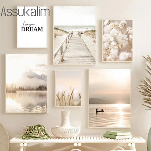 Beige Landscape Wall Posters Bridge Art Prints Hay Reed Flowers Canvas Painting Nordic Wall Pictures Living Room Decoration