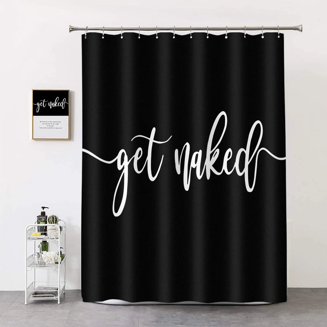 Rideau de douche en tissu Polyester imperméable, thème noir, décor nu, mots d'art blancs, beaux crochets, grands crochets