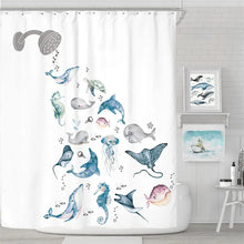 Carica l&#39;immagine nel visualizzatore della Galleria, Fodera per tenda da doccia con cani e gatti che piove per bambini Tenda da doccia in tessuto con stampa silhouette di dinosauro con nuvole e gocce di pioggia