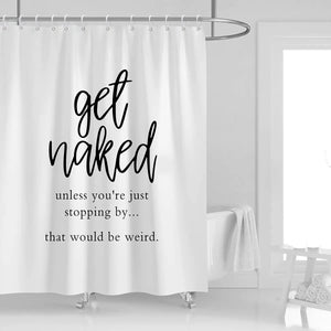 Cortina de ducha con decoración desnuda, tema negro, palabras de arte blanco, hermoso, fresco, impermeable, tela de poliéster, ganchos grandes para cortina de baño