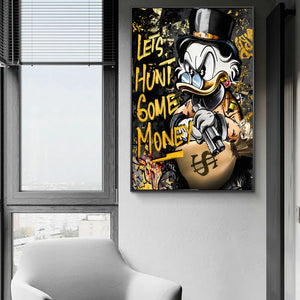 Affiches et imprimés d'art Graffiti doré Donald Duck chasse à l'argent, peintures de luxe à la mode Disney sur le mur, décor d'images d'art