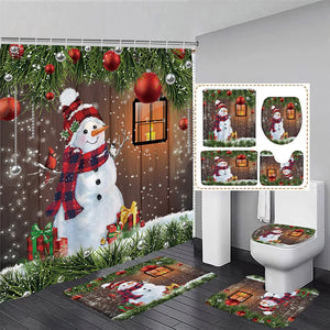 Lindo muñeco de nieve Navidad cortina de ducha conjunto ramas de pino plateado copo de nieve bolas de Navidad decoración del baño alfombra de baño cubierta de la tapa del inodoro