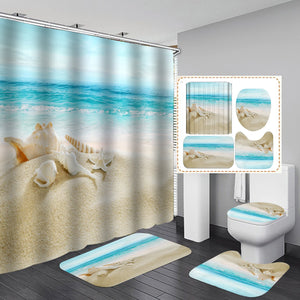 Cortinas de ducha impermeables con árbol de coco y playa al atardecer en 3D, juegos de baño de poliéster púrpura, cubierta de tapa de inodoro, alfombra de baño antideslizante