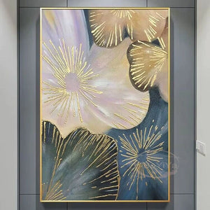 Gold Blue White Flowers Nordic Modern Abstract Pure Handmade Oil Painting Home Decoration Bedroom Dining Room Living Room  Mural