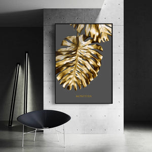 Cuadro sobre lienzo para pared de flores y hojas abstractas doradas de estilo nórdico, póster de plumas blancas y negras, cuadro impreso para pared para decoración para sala de estar