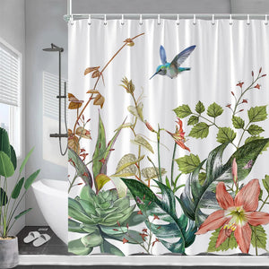 Tropical Plant Shower Curtains Palm Leaf Pink Flowers Hummingbirds Green Leaves Bath Curtain Fabric Bathroom Decor with Hooks