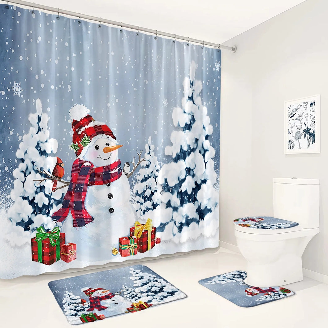 Juegos de cortinas de ducha navideñas, muñeco de nieve, pájaro rojo, cedro, paisaje de invierno, decoración navideña para el baño, alfombras antideslizantes, alfombrilla para el baño, tapa del inodoro