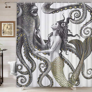Conjunto de cortina de ducha de pulpo de sirena, cortinas de baño abstractas de océano, fantasía náutica, animales, tentáculo, tortuga marina, juegos de decoración para el baño