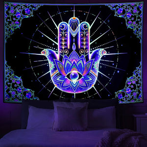 Blacklight Mandala Tapisserie Bohème Hippie Chambre Décor Esthétique UV Réactif Yoga Méditation Tenture Murale Tapisserie pour Chambre