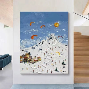 High Quality Nordic Abstract Painting Ski Scenes Handmade Oil Painting  For Home Decoration Bedroom Restaurant Living Room Mural