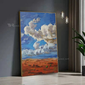 Vertical Landscape Painting Abstract Handmade Canvas Oil Painting Modern Minimalist Blue Sky White Clouds Wall Decor Art Poster