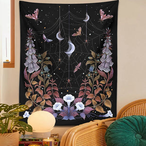 Witch Garden Tapestry Wall Hanging Psychedelic Flower Tarot Divination Moon Moth Tapestries Sun Moon Dorm Home Decor Wall Art