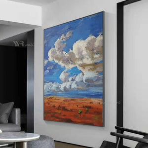 Vertical Landscape Painting Abstract Handmade Canvas Oil Painting Modern Minimalist Blue Sky White Clouds Wall Decor Art Poster