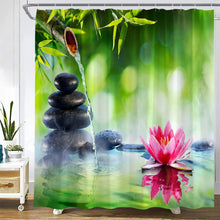 Charger l&#39;image dans la galerie, Rideaux de douche en bambou vert Zen, orchidée violette, papillon, fleurs, plantes, pierre noire, Spa, paysage naturel, ensemble de décoration de salle de bains en tissu