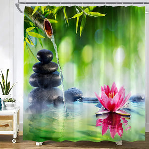 Rideaux de douche en bambou vert Zen, orchidée violette, papillon, fleurs, plantes, pierre noire, Spa, paysage naturel, ensemble de décoration de salle de bains en tissu