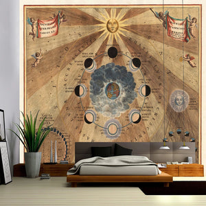 Mandala Tarot Wandteppich Rad Sternzeichen Diagramm Tarot Sonne und Mond geheimnisvolles Symbol Bohemian Hippie Wanddekoration