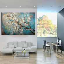 Cargar imagen en el visor de la galería, Pintado a mano textura gruesa árbol de flores azul pintura al óleo moderna sobre lienzo, carteles de arte Pop imagen de pared sala de estar, decoración del hogar