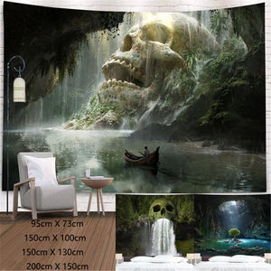 Testa di teschio naturale Cascata nebulizzata d'acqua Stampa 3D Arazzo Decorazione della parete della casa Sfondo muro Panno (95X73 cm/150X100 cm)