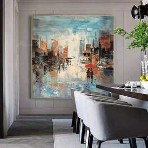 Abstract City Streetscape Wall Art Oil Painting Handmade Canvas Poster Modern Home Decor Picture for Parlor Bedroom Restaurant