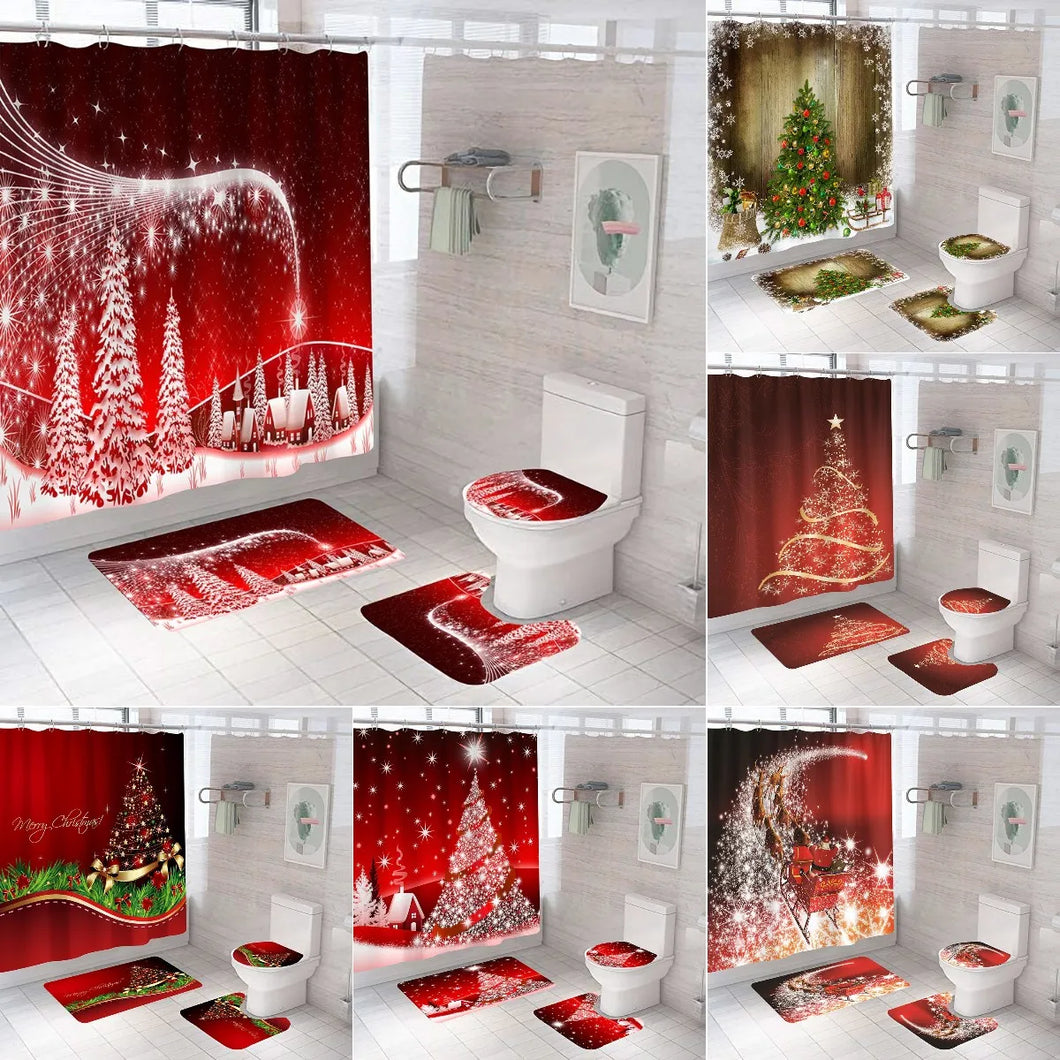 Weihnachtsbaum-Badezimmer-Set, Duschvorhang-Set, wasserdicht, Weihnachtsmann, rutschfeste Teppiche, Toilettendeckel, Badvorhänge-Set mit Haken