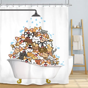 Raining Cats and Dogs Shower Curtain Liner For Kids Clouds and Raindrops Cartoon Dinosaur Silhouette Print Fabric Shower Curtain