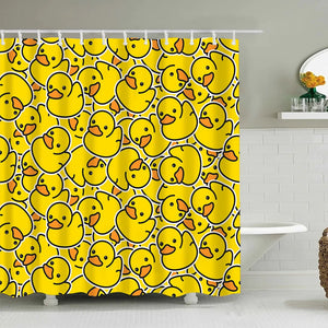 Tenda da doccia con anatra personaggio dei cartoni animati che fa il bagno con gocce colorate sullo sfondo, tende da bagno in tessuto con ganci