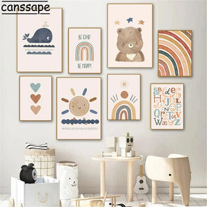 Boho Wall Posters Lion Bear Canvas Painting Sun Rainbow Art Prints Nursery Poster Nordic Wall Pictures Baby Kids Room Decoration