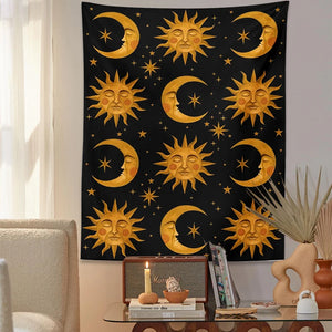 Sun Moon Arazzo Appeso a Parete Tarocchi Mandala Nero Astrologia Divinazione Copriletto Tappetino da spiaggia Hippie Tappeti da parete Dormitorio Decor Coperta