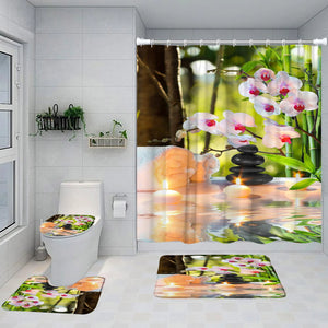 Ensemble de rideaux de douche Zen, orchidée violette, pierre noire, bambou vert, paysage de jardin, décor de salle de bains, tapis antidérapant, couverture de toilette