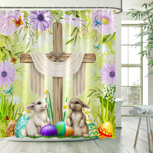 Cortinas de ducha de Pascua, divertido conejo, huevo, flores moradas, plantas, mariposa, conejito, cortina de baño, tela de poliéster, ganchos de decoración para el baño