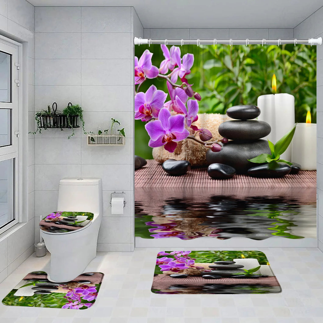 Juego de cortinas de ducha Zen, orquídea púrpura, piedra negra, bambú verde, paisaje de jardín, decoración de baño, alfombra antideslizante, alfombrillas de baño, cubierta de inodoro