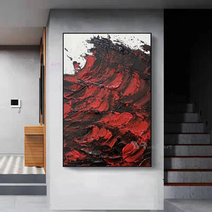 Handmade Canvas Oil Painting Abstract 3D Red Ocean Waves Wall Decor Art Picture Modern Living Room Bedroom Hotel Hanging Poster