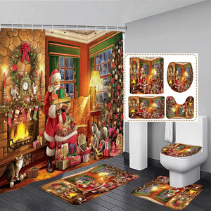 Christmas Shower Curtain Set Fireplace Xmas Tree Pink Candle Gift New Year Bathroom Decor Non-slip Rug Bath Mat Toilet Lid Cover