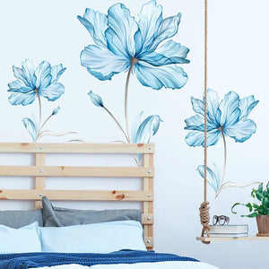 Calcomanías de pared de flores de color azul claro, pegatinas de pared florales, murales removibles DIY, decoración del hogar para dormitorio, sala de estar y TV
