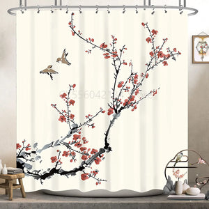 Rideau de douche à fleurs rétro, oiseau, fleur de cerisier rose, tissu Polyester imperméable, décoration de la maison, accessoire de salle de bain