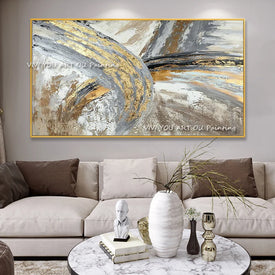 Peinture de Texture abstraite blanche dorée grise, faite à la main, tableau d'art moderne pour salon, toile d'art moderne de haute qualité, 100%